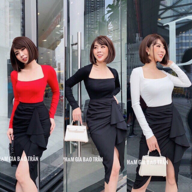 [KÈM VIDEO] Áo thun lụa cổ vuông tay dài ôm body form chuẩn dáng