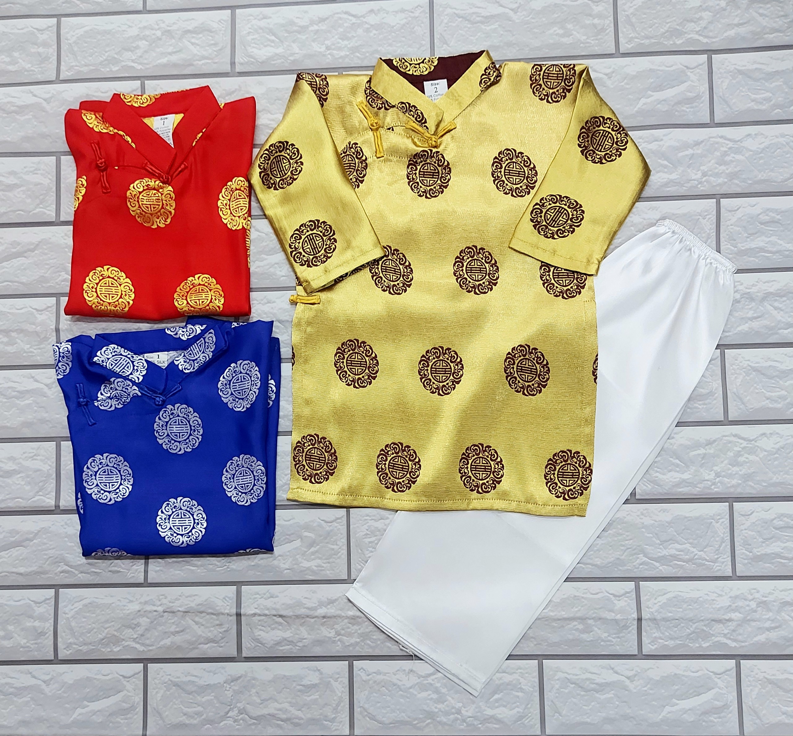 Áo Dài Vàng Đồng truyền thống Gấm Thái tuấn Bé Trai (Áo + quần + mấn, khăn xếp đội đầu)