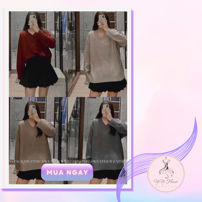 Áo len trơn cổ tim form rộng