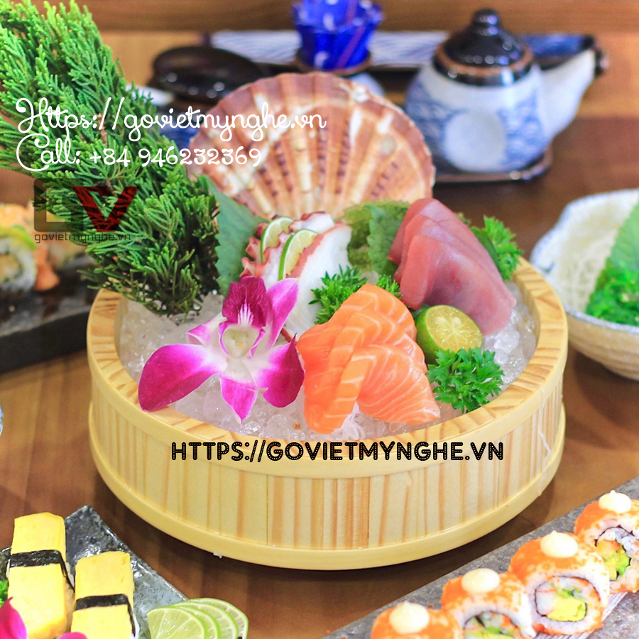 Khay sushi sashimi gỗ trang trí món ăn sashimi Nhật Bản | hình Tròn Size Φ20cm - Gỗ thông tự nhiên