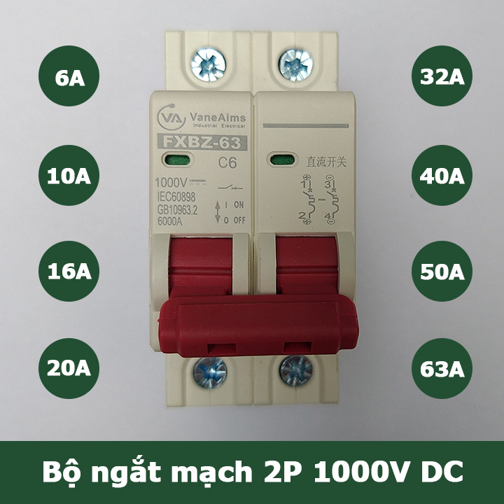 Bộ ngắt mạch cb dc 1000v điện một chiều cầu dao chuyên dụng cho solar năng lượng mặt trời fxbz-63 2p 6a 10a 16a 32a 40a 50a 63a