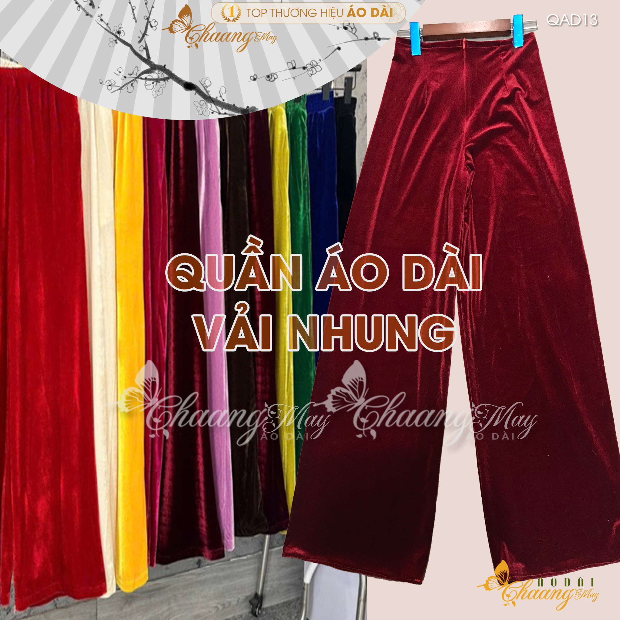 Quần mặc áo dài Nhung cách tân nữ truyền thống CHAANG may sẵn QAD13 quần màu đỏ đen vàng dự tiệc cưới lễ tết đẹp