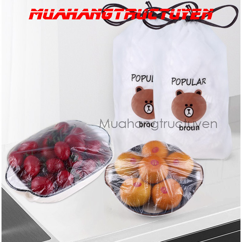 QUÁ RẺ-Túi 100-200 Màng Bọc Thực Phẩm An Toàn Co Dãn Tái Sử Dụng Kèm Túi Gấu, Màng bọc thực phẩm co giãn tái sử dụng có chun bọc đồ ăn nhanh chóng, màng bọc thức ăn