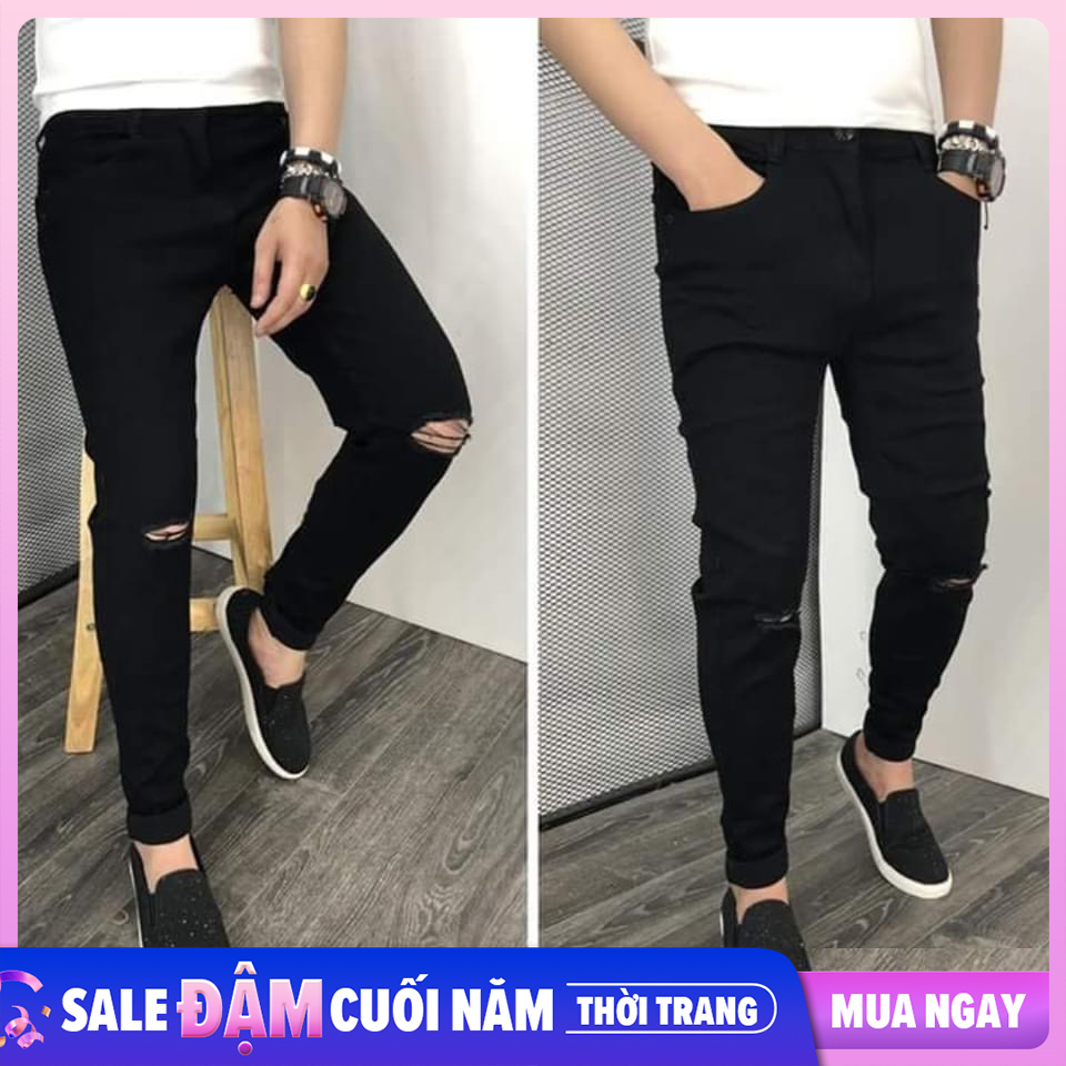 Quần jean nam cao cấp đen rách gối + đen trơn thời trang đp 10vf - áo thun trơn