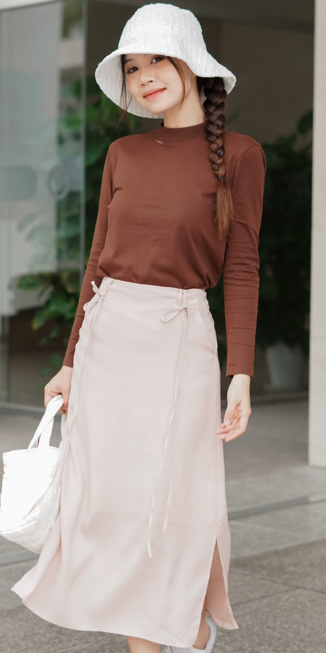Chân váy lửng dây cột 2 bên | Chất lụa Mango | Màu Kem Hồng | Size S - XL