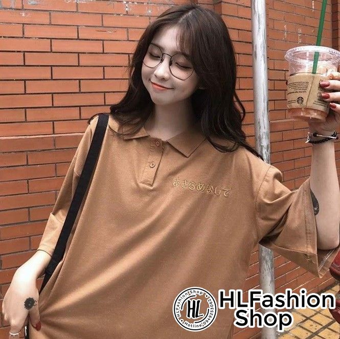 Áo thun polo có cổ tay lỡ Unisex thêu chữ nhật bản siêu đẹp