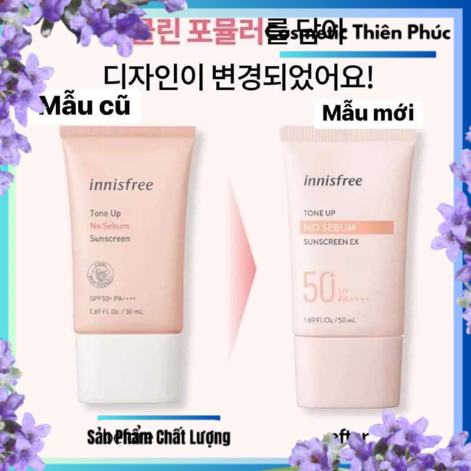 Kem Chống Nắng Innisfree Tone Up No Sebum SPF 50+ 50ml HỒNG  sáng Mịn da  Cấp Ẩm  Chống Tia UV Cao