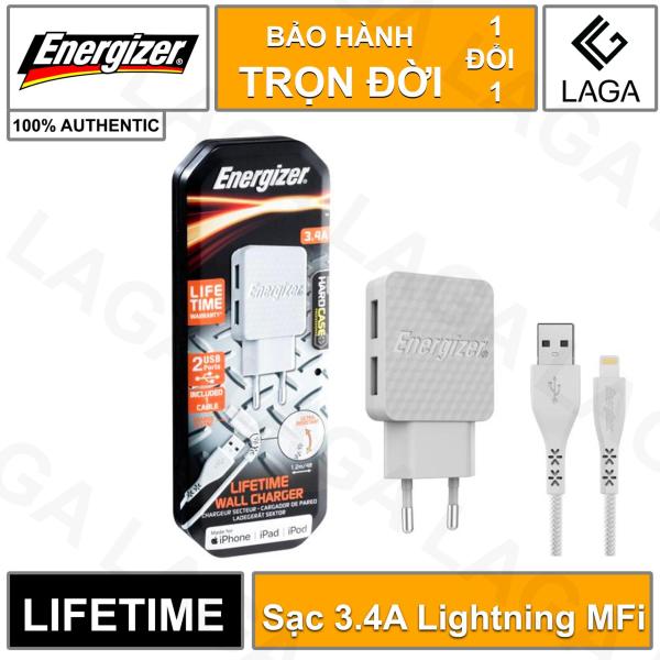 Sạc Energizer Lifetime Warranty 3.4A 2 USB kèm cáp Lightning MFi 1.2m - AC2CEULLIM