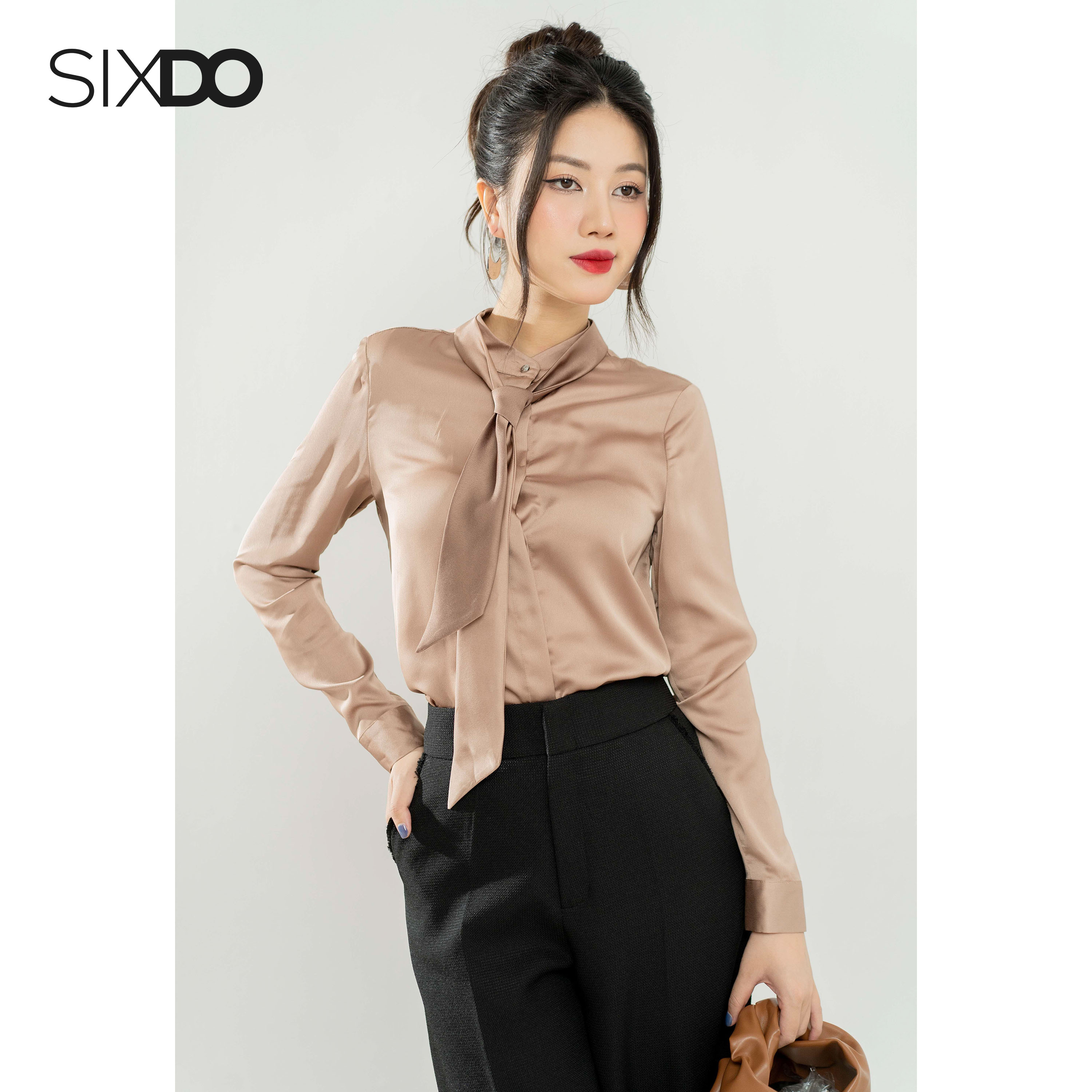 Áo sơ mi nữ cổ nơ SIXDO (Light Brown Long Sleeves Silk Shirt)