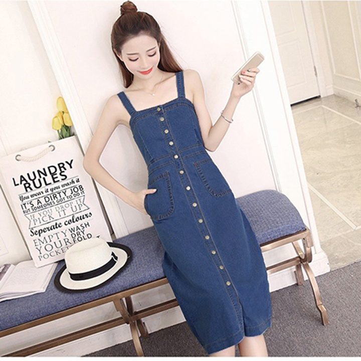 [HCM]Đầm Yếm Jean Nữ Form Dài Nút Cài Dọc