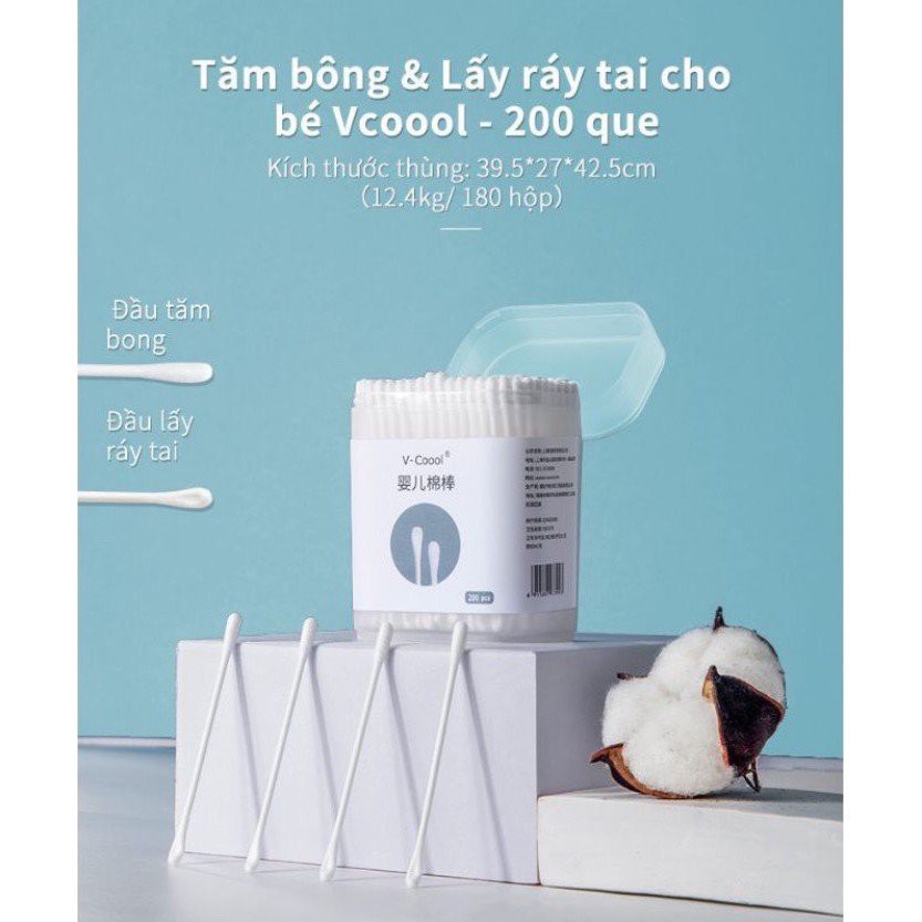 Tăm bông vcool ráy tai hộp 200 que an toàn cho bé sơ sinh