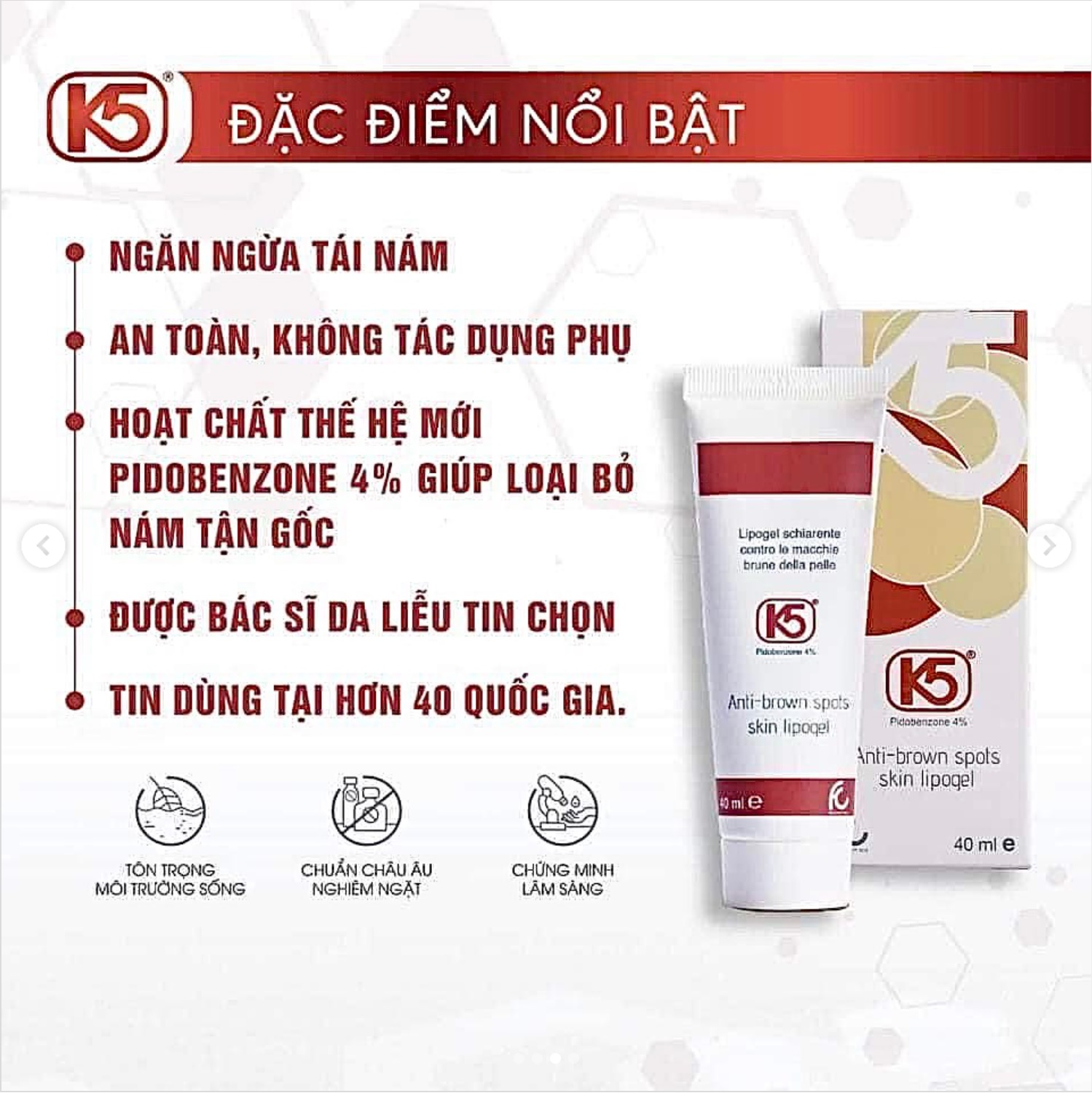 HÀNG NHẬP KHẨU - Kem Giảm Nám K5 Lipogel/K5 Cryolaser, Giảm Sạm, Tàn Nhang, Nám Mảng, Nám Chân Sâu, Nám Sau Sinh, Ngăn Tăng Sắc Tố Nám Sau Laser - Hoạt Chất Độc Quyền Pidobenzone - DuocmyphamDrAn