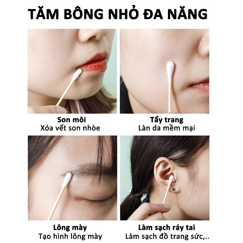Hộp 500 Tăm bông thân gỗ 2 Đầu Người Lớn 2 Đầu Tròn Và Dẹp Kháng Khuẩn Được Làm Từ Bông Tự Nhiên / Hộp bông tăm 500 que ngoáy tai 2 đầu an toàn khi sự dụng