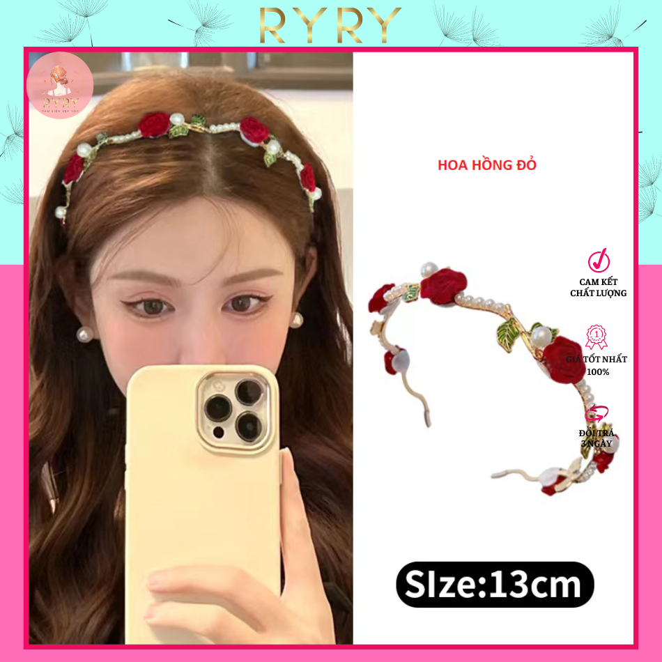 Băng Đô Cài Tóc Đính Hoa Hồng Phong Cách Retro Pháp