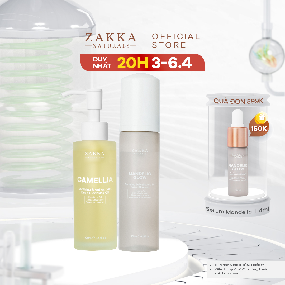 Bộ Đôi Zakka Naturals Sữa Rửa Mặt Mandelic 185ml và Dầu Tẩy Trang 100ml Làm Sạch Gấp Đôi