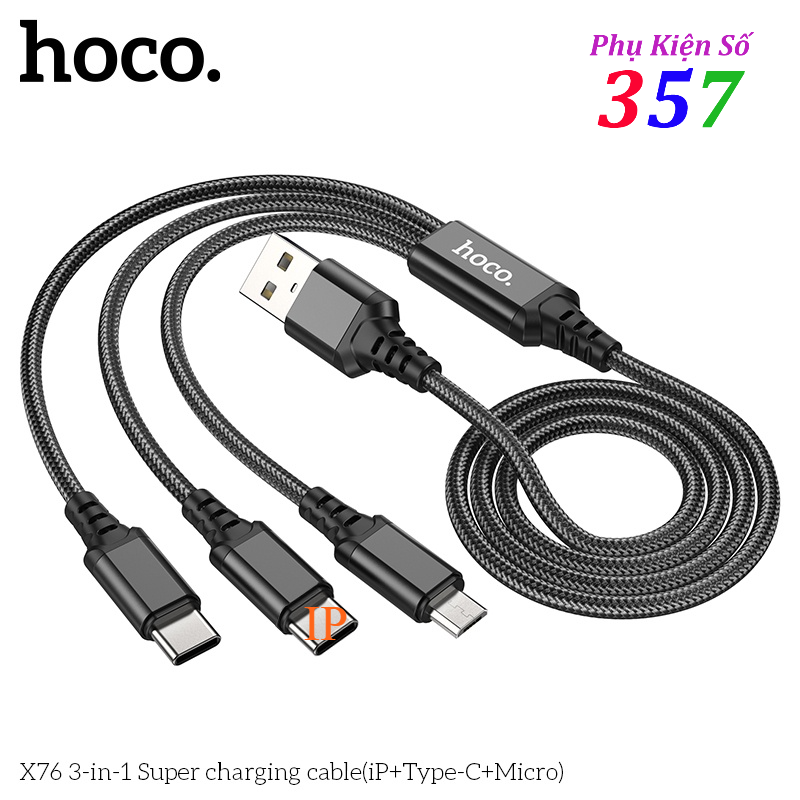 Dây cáp sạc 3 đầu Hoco X76 IP/Micro/TypeC dài 1m bọc dù dòng 2A