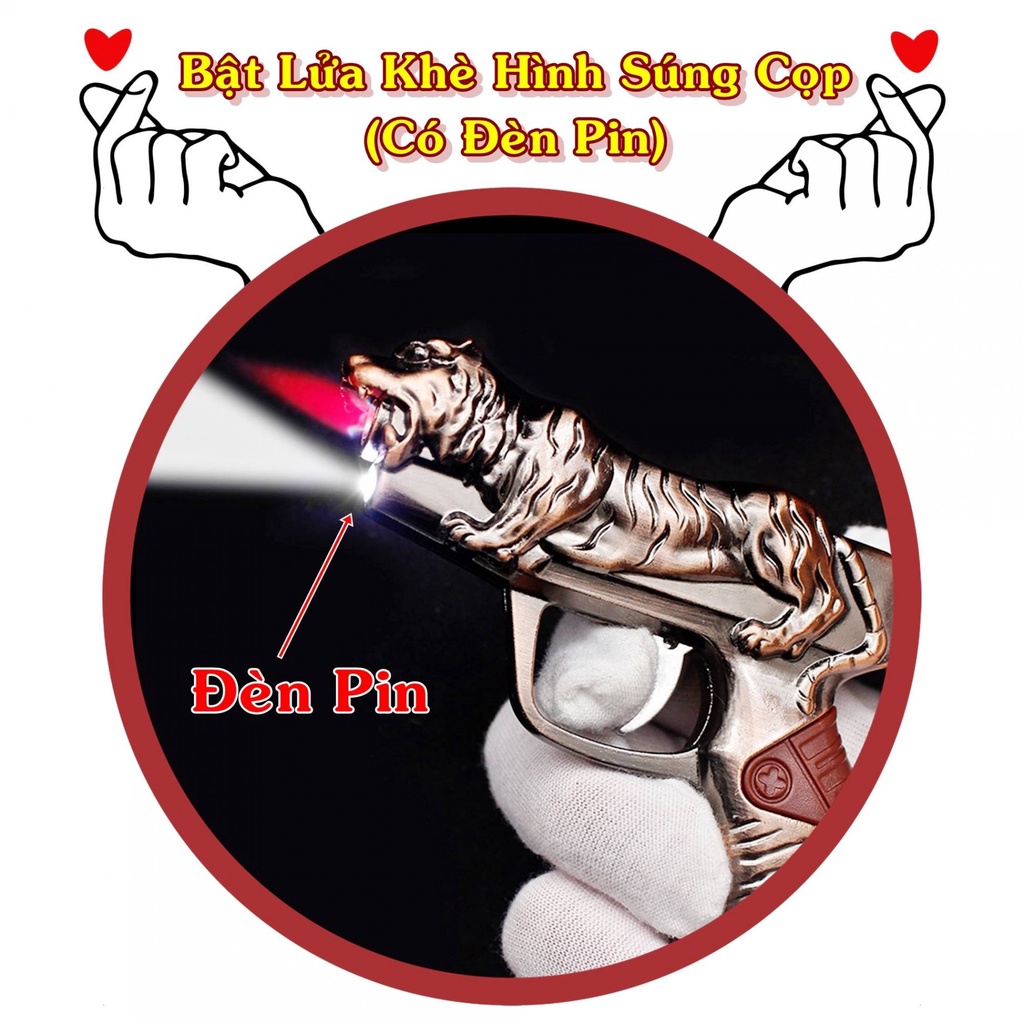 Hột quẹt bật lửa mô hình sú.n.g con cọp có đèn pin 11cm