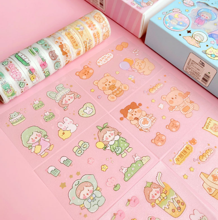 Hộp 5 cuộn washi và sticker dán trang trí