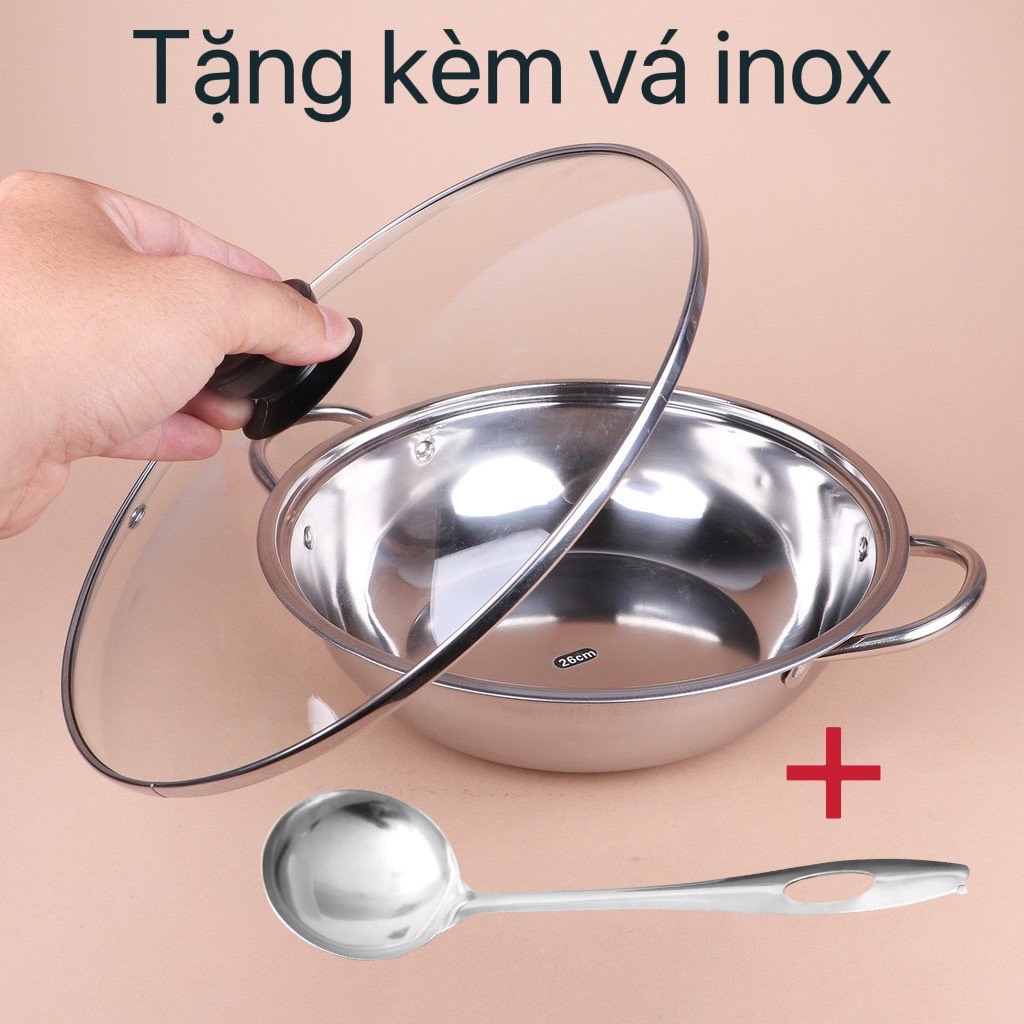[TẶNG KÈM VÁ INOX] Nồi lẩu inox loại lớn 26cm nắp kính có lỗ thông hơi và tay cầm chống nóng cao cấp dùng được bếp từ và mọi loại bếp