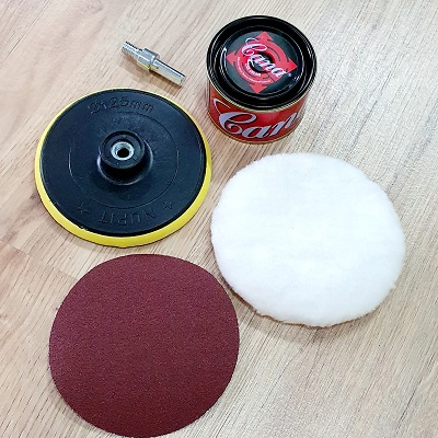 Bộ Dụng Cụ Đánh Bóng 5 Món Gồm Phớt 125mm + Bông Đánh Size 125mm + Đầu Chuyển Đổi M10 + Miếng Nhám Tròn 125 + Hộp Cà Na 100g