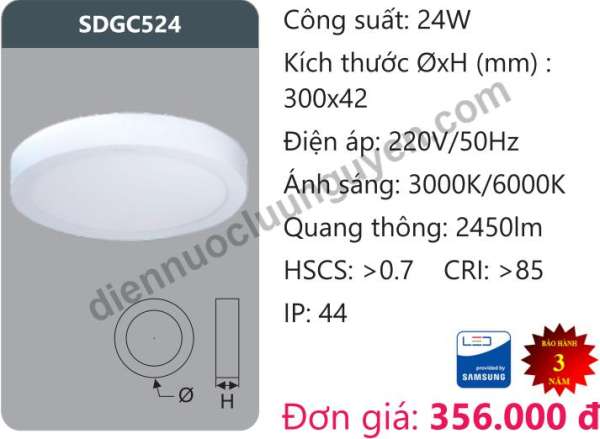 Đèn ốp trần led Panel 24W DUHAL SDGC524