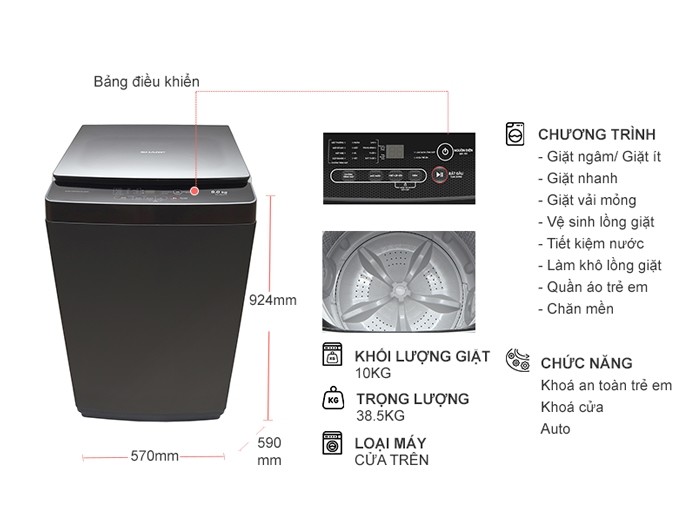 [TRẢ GÓP 0%] Máy giặt Sharp Inverter 10 kg ES-Y100HV-S (Giá áp dụng giao tại HN, HCM& các tỉnh liên hệ shop)