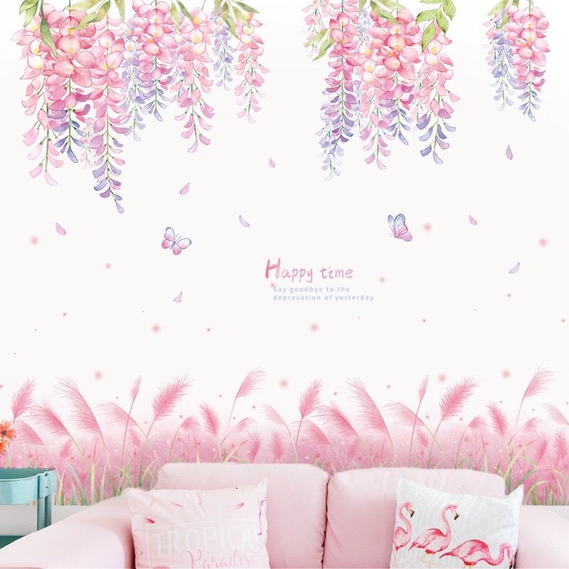 Decal dán tường tán hoa và chân cỏ lau hồng( tranh ghép)