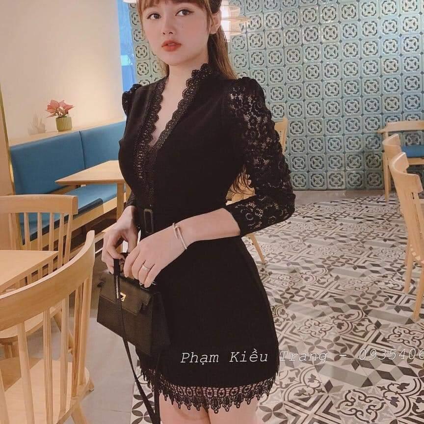 đầm body cổ V tay phối ren