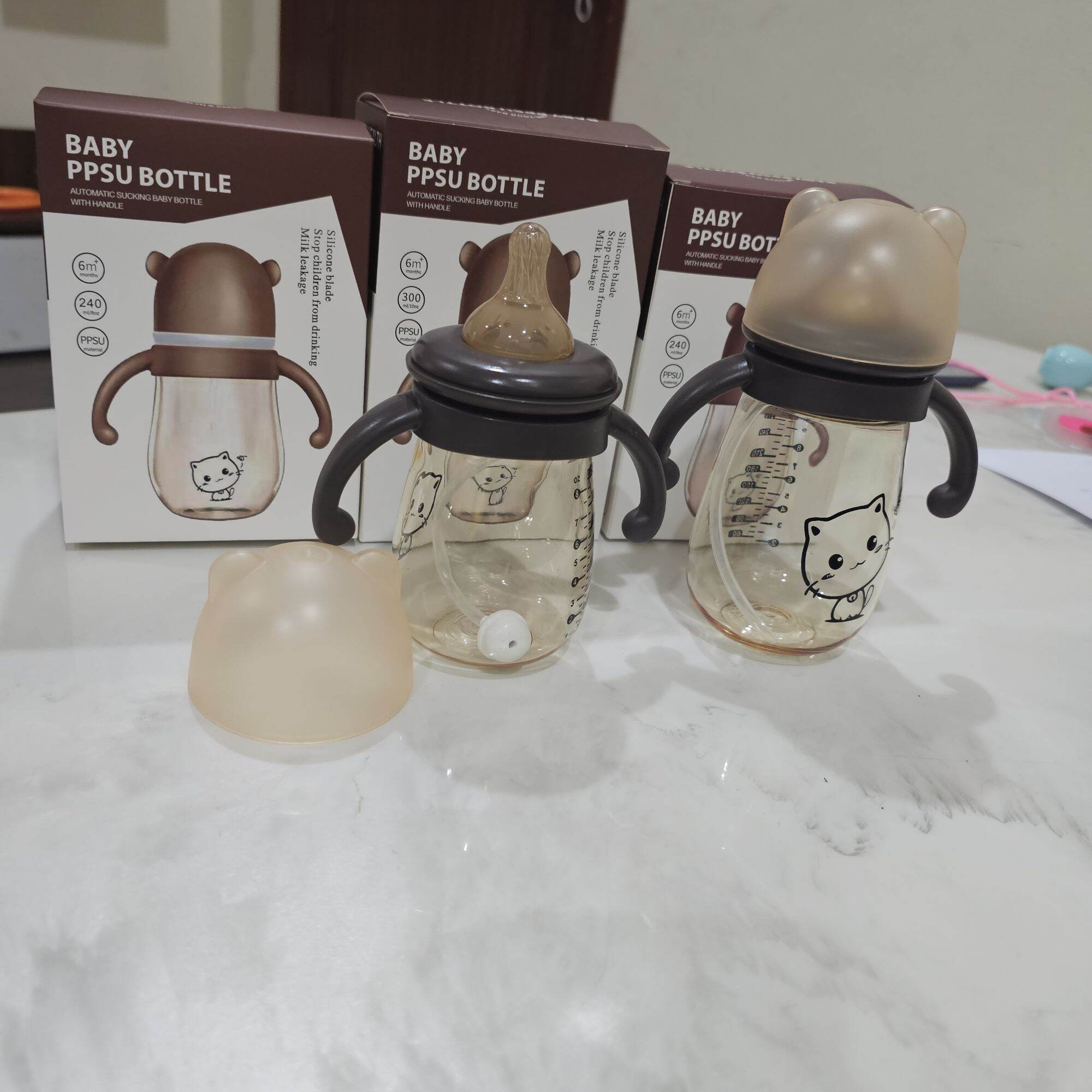 Bình sữa hình mèo 240ml/300ml  [có tay cầm và van chống sặc kèm ống hút]