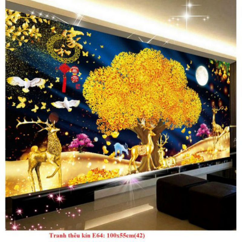 Tranh thêu kín chữ thập Phong Cảnh Hươu Nai Tài Lộc E64