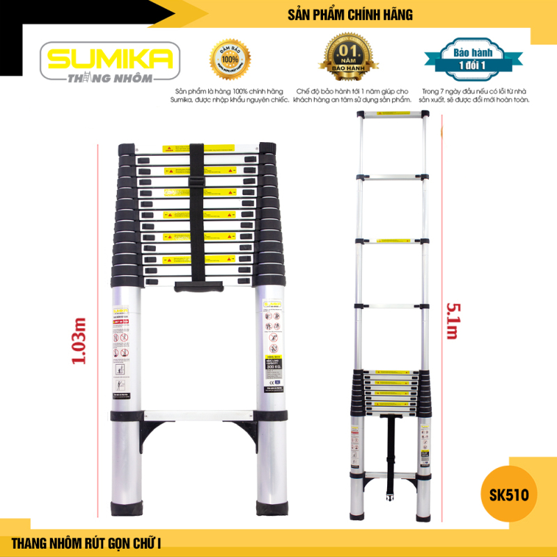Thang nhôm rút gọn SUMIKA SK510 - Chiều cao tối đa 5.1m, chiều dài rút gọn 1.03m, hợp kim nhôm cao cấp, khóa chốt chắc chắn, đế cao su chống trượt, nhỏ gọn, di chuyển tiện lợi