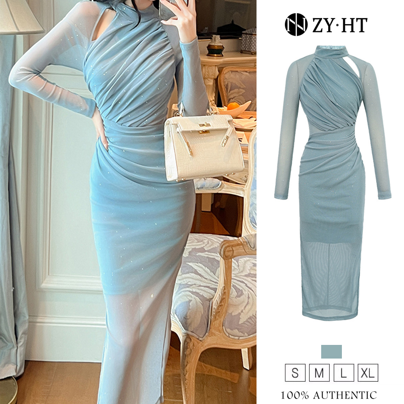 ZYHT EraVogue Váy nữ váy xanh váy dài tay váy dài tay váy lưới váy xã hội cao váy cưới váy Pháp 30637