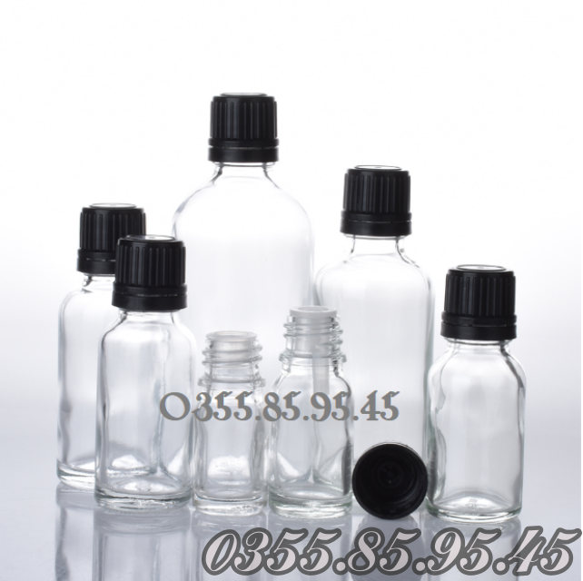 10 Chai thủy tinh chiết Ginger Shots , serum,  tinh dầu thân TRONG nắp vặn đen 5ml 10ml 15ml 20ml 30ml 50ml 100ml, chai đựng tinh dầu, lọ chiết mỹ phẩm du lịch.
