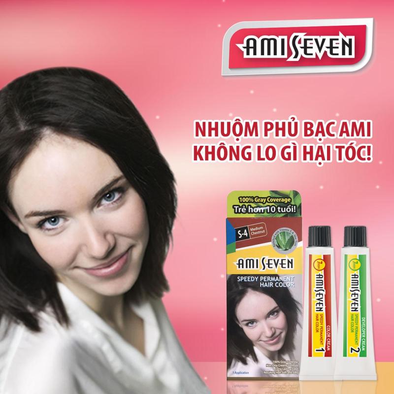 Nhuộm phủ bạc dược thảo Ami Seven Speedy Permanent Hair Color  (60g/60g) nhanh 7 phút màu S4 (Nâu hạt dẻ) - Hàn Quốc