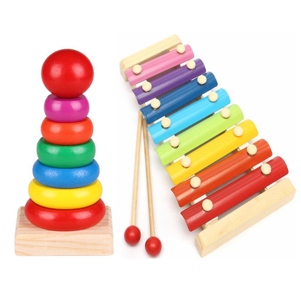 Combo for knock 8 bar and stacking Tower 7 color, đồ wooden toy for baby familiar color, music perception and reverse the logic