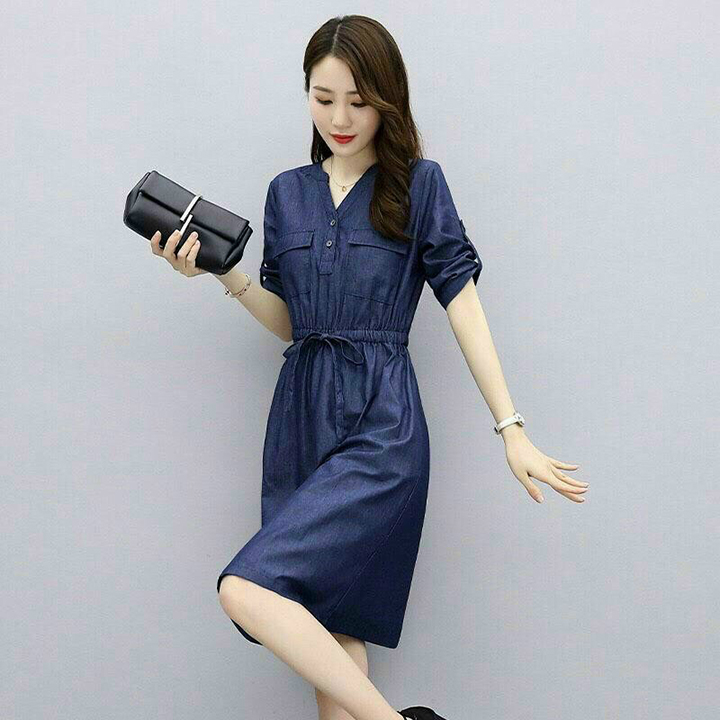 [HCM]Đầm Jean Nữ Thắt Dây Eo Thời Trang