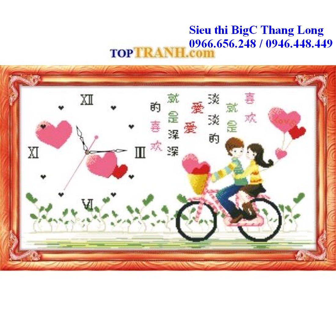 Tranh thêu chữ thập đồng hồ 2 em bé trai gái đạp xe Y8065 chưa thêu