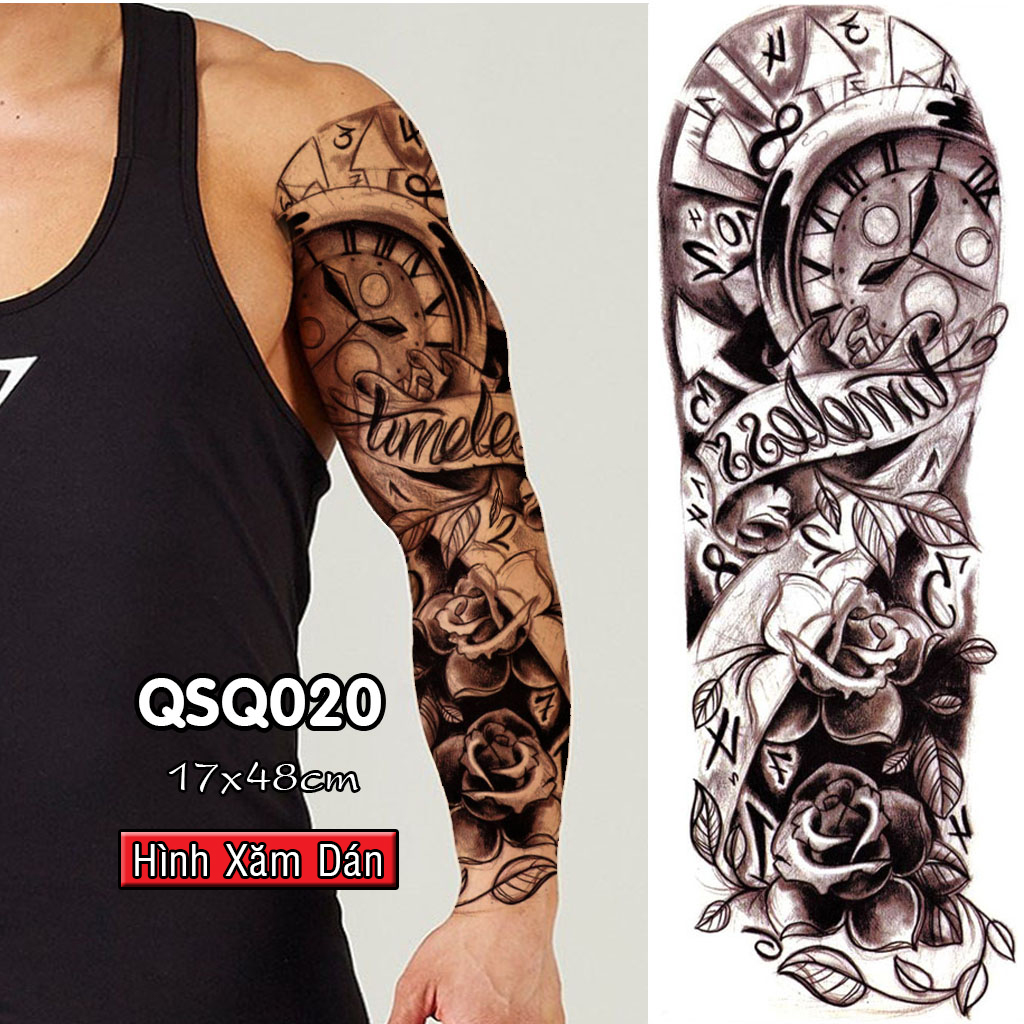 Hình Xăm Dán Kín Tay Đồng Hồ Phong Cách Âu (17x48cm)