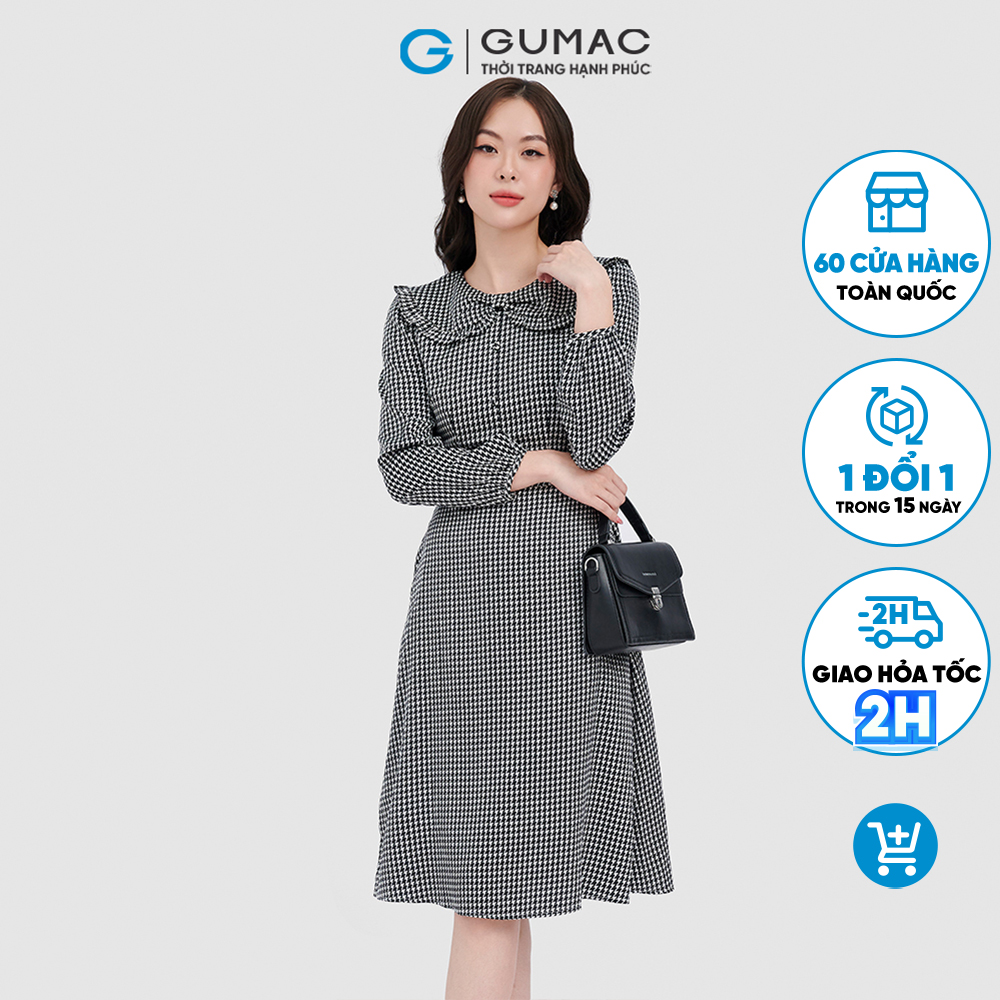 Đầm lụa họa tiết bâu nơ cổ lá GUMAC DC09092