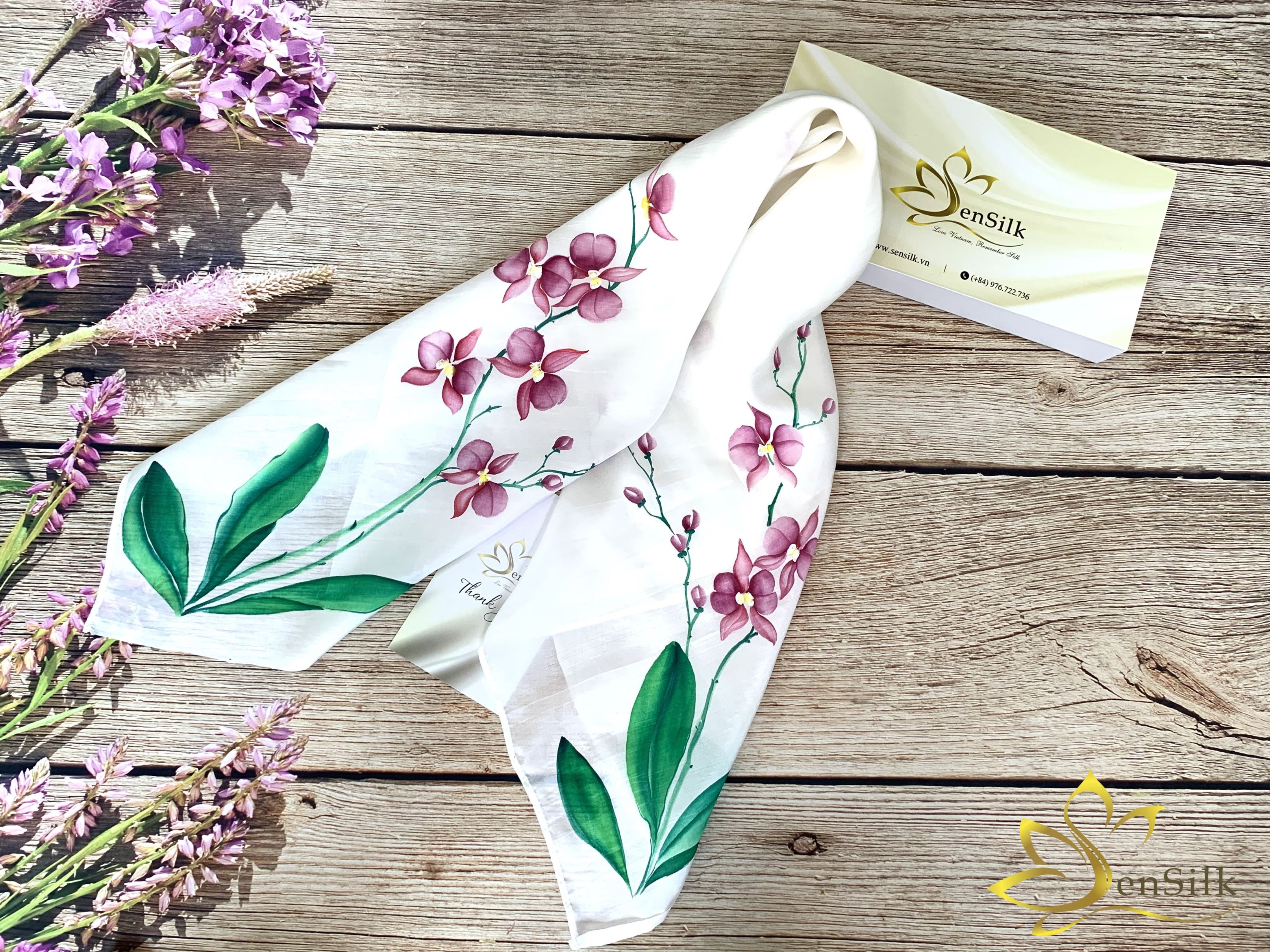 Khăn Lụa Tơ Tằm Vẽ Hoa Lan SenSilk 90x90cm, Khăn Lụa Vuông, Lụa Tơ Tằm Vẽ Tay, Khăn Lụa Mỏng, Tơ Lụa Nha Xá, Vietnam Silk Embroidery Scarf