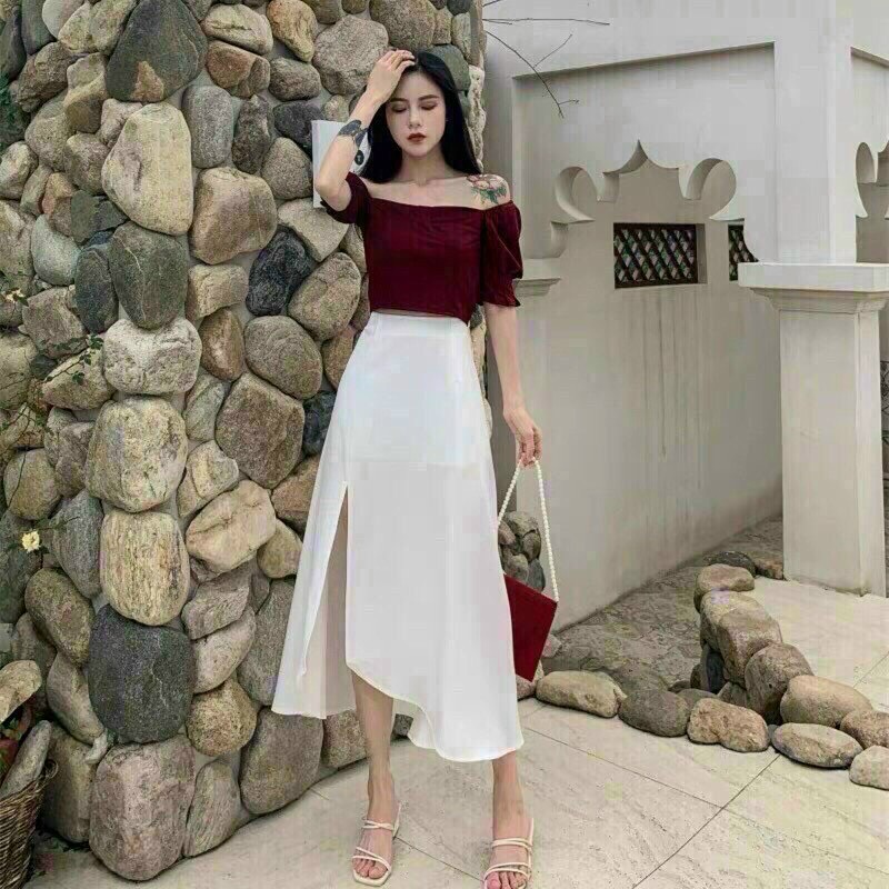 Sét váy thời trang nữ, sét váy chất umi áo đỏ mix chân váy trắng có dây kéo cao cấp