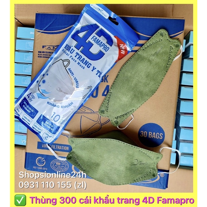 Thùng 300 cái khẩu trang 4D , kf94 Famapro Nam Anh 4 lớp màu Xanh Rêu