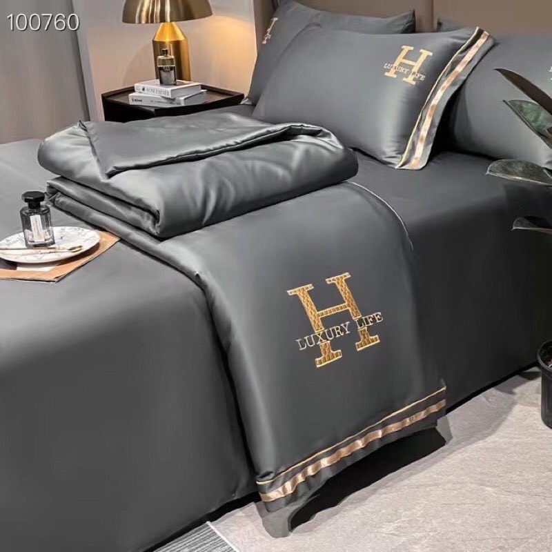 Bộ chăn ga gối 4 món phi lụa thêu chữ h luxury life set chăn ga gối lụa họa tiết trơn