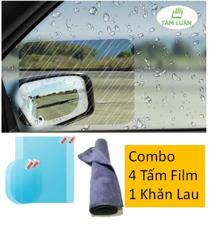 Combo 4 tấm Film chống nước mưa dán kính gương chiếu hậu và khăn microfiber chăm sóc ô tô xe hơi - phụ kiện oto