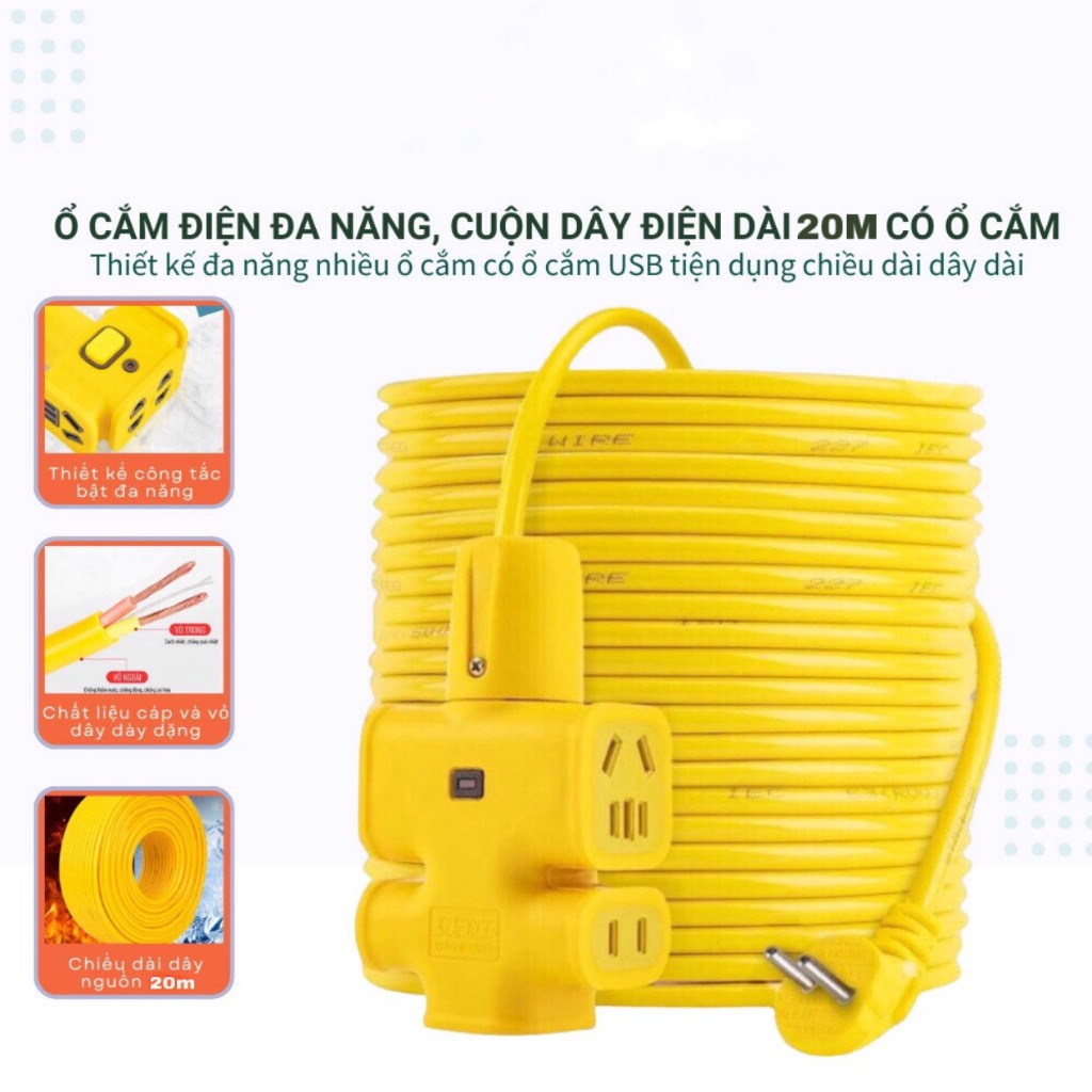 Cuộn dây điện dài 20m kèm ổ cắm, phích cắm đúc chịu lực cao đa năng tiện lợi dài 20m, dây cấp nguồn 220v- ổ điện, ổ điện, ổ cắm, ổ cắm đa năng, ổ điện đa năng, ổ cắm điện, ổ cắm 6 lỗ, ổ cắm dây 5m, ổ cắm dây 3m