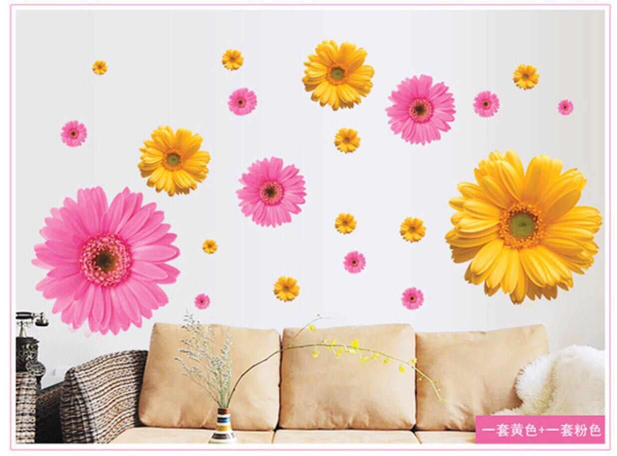 Combo 2 bức decal dán tường hoa đồng tiền vàng kết hợp hồng