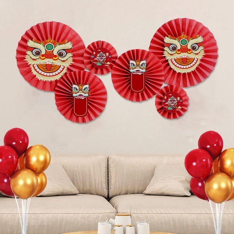 Set 6 Quạt Giấy Tròn Đầu Lân Trang Trí Lễ Tết