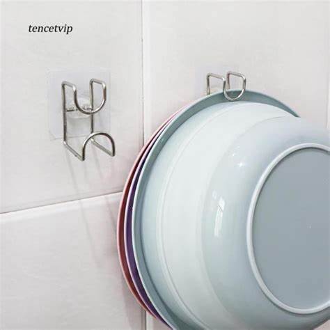 Móc treo thau chậu nhà tắm, dụng cụ phòng bếp dán tường bằng inox không cần khoan đục