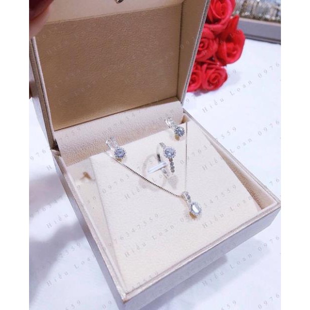 Bộ trang sức bạc ta gắn đá trắng nhỏ xinh xắn 3 món dây chuyền, nhẫn, bông tai