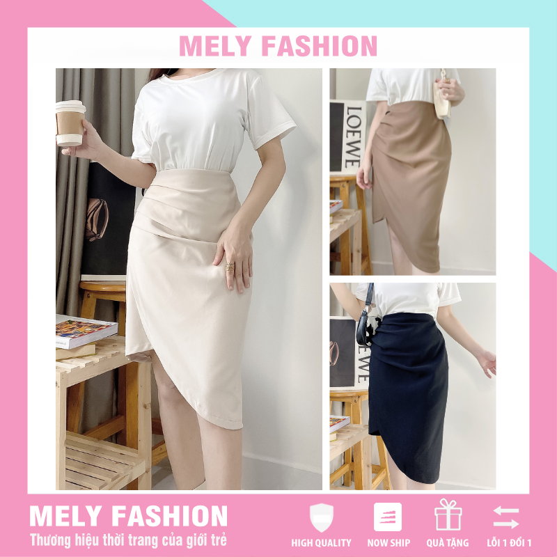 Chân váy dài qua gối xẻ tà Midi Hàn Quốc nhún eo giấu bụng phong cách trẻ trung sang trọng có big size Mely Fashion CV21